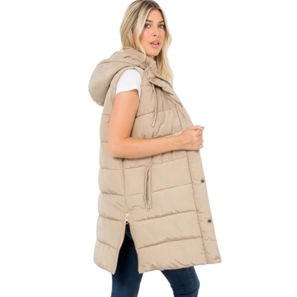Women's Taupe Long Puffer Vest - Picture 2 of 11